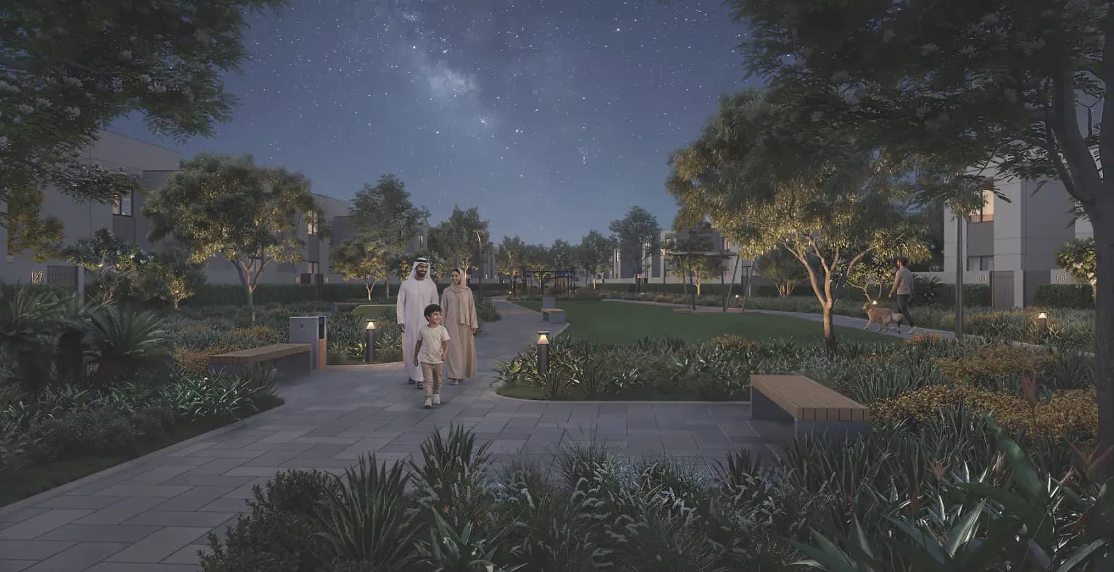 Al Ghadeer Gardens stargazing lawn at night, render