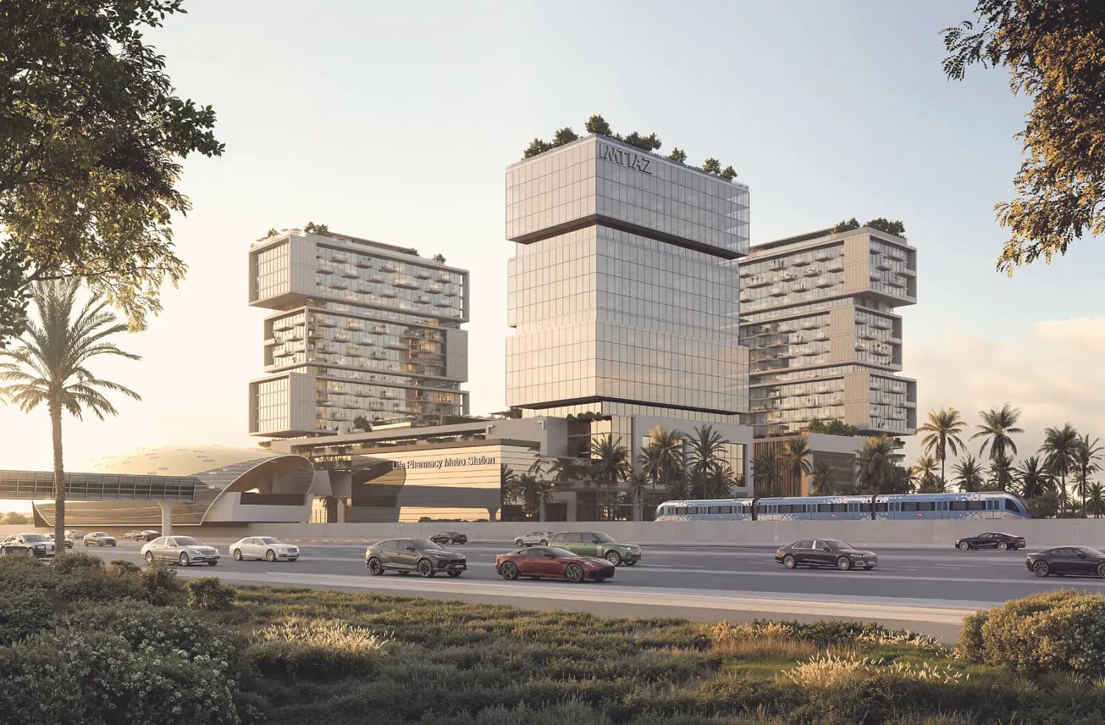 Raw District II towers and park, render