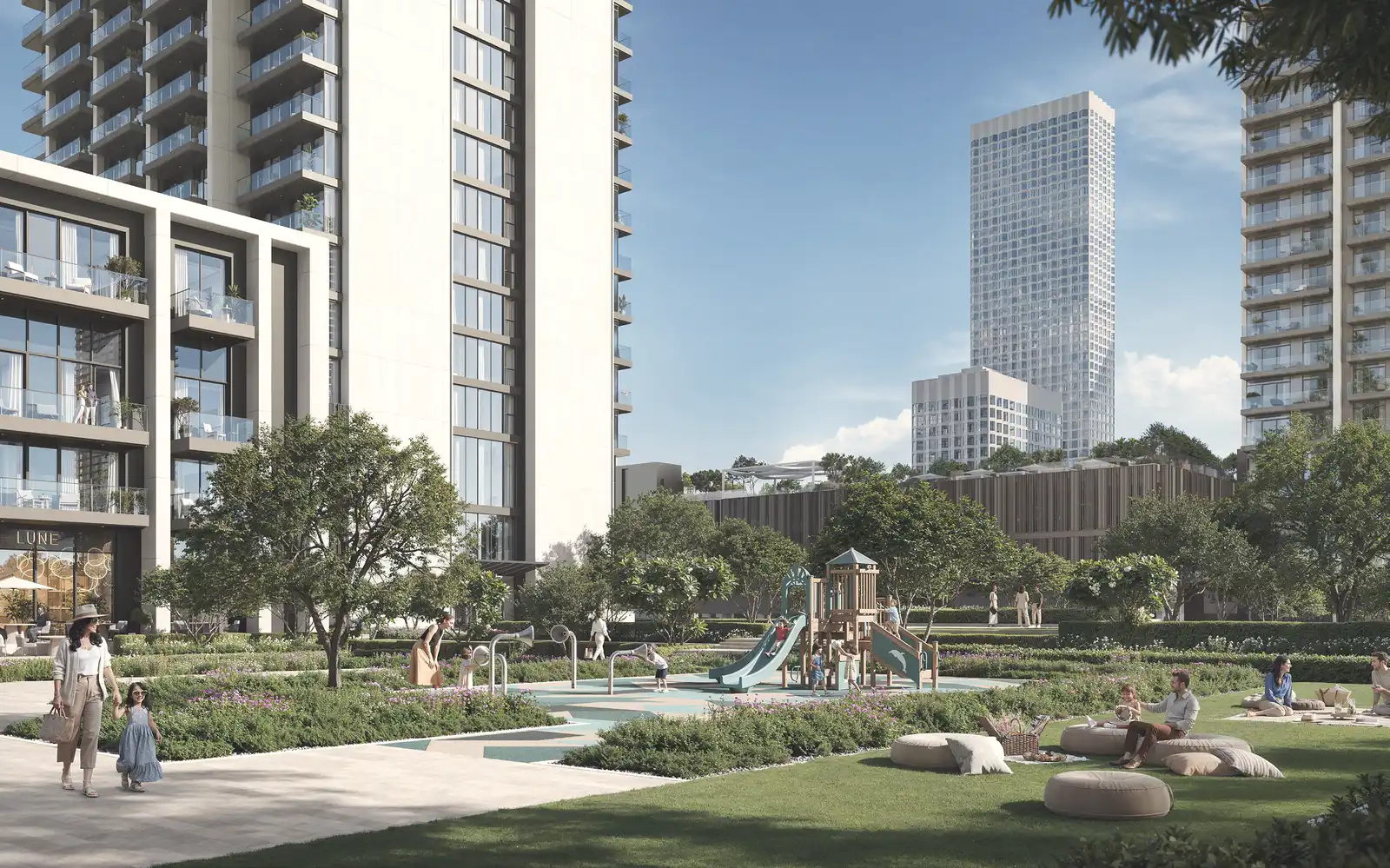 Valia, render of the park and towers